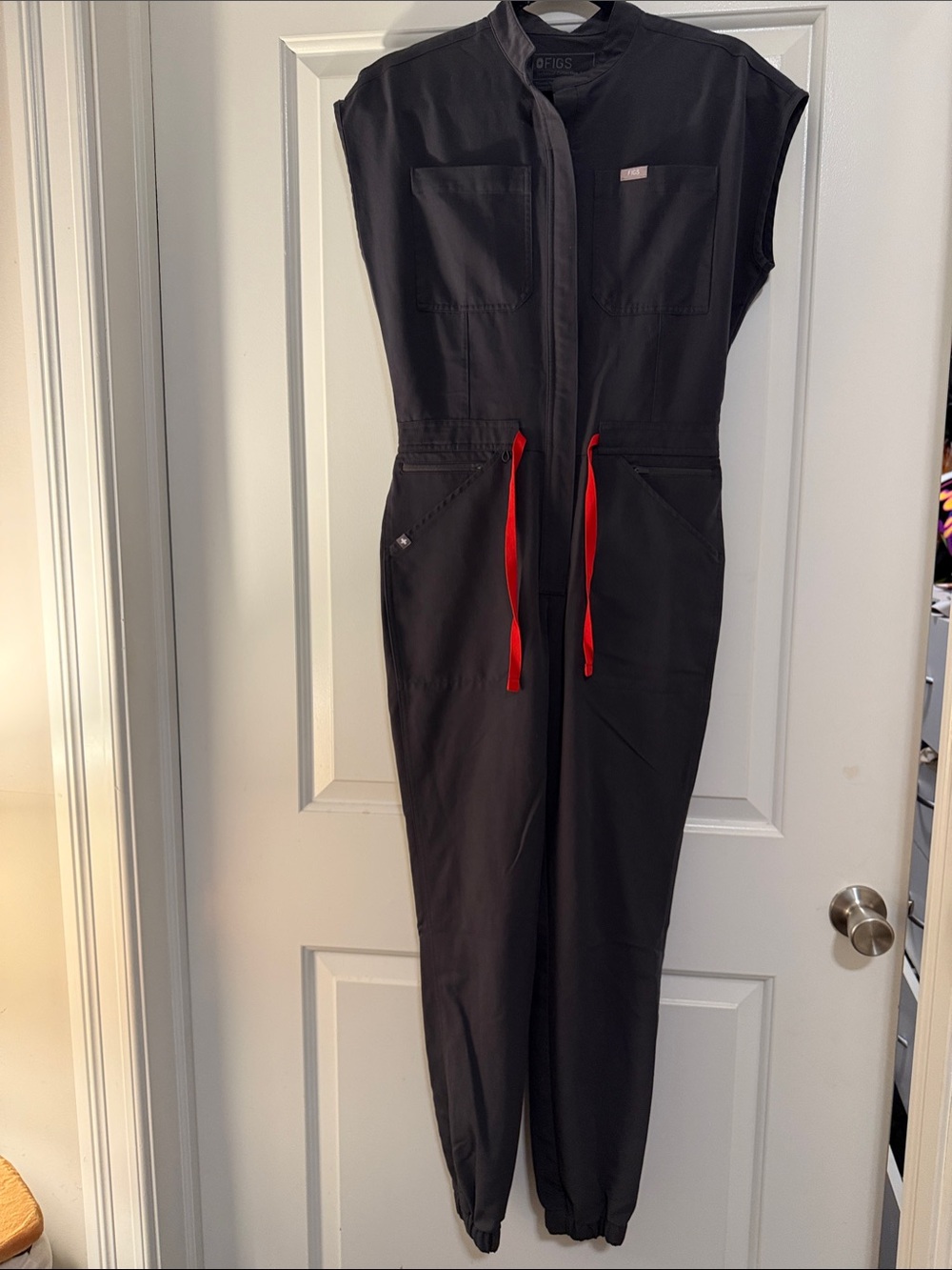 Figs Black Sleeveless Jumpsuit with Red Drawcords